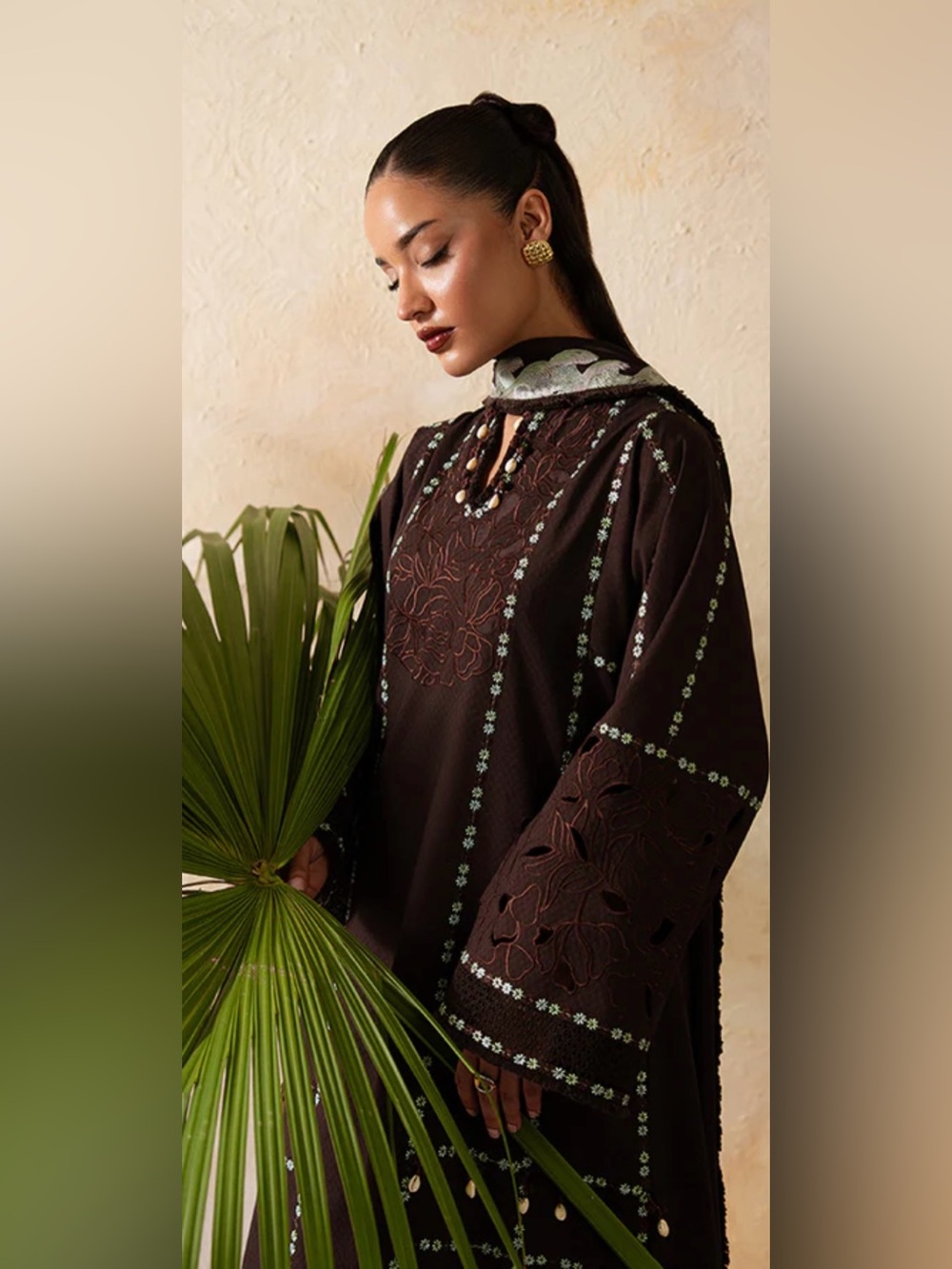 Embroidered Dark Brown Maxi Dress - Women's Long Sleeve - Picture 2 of 6